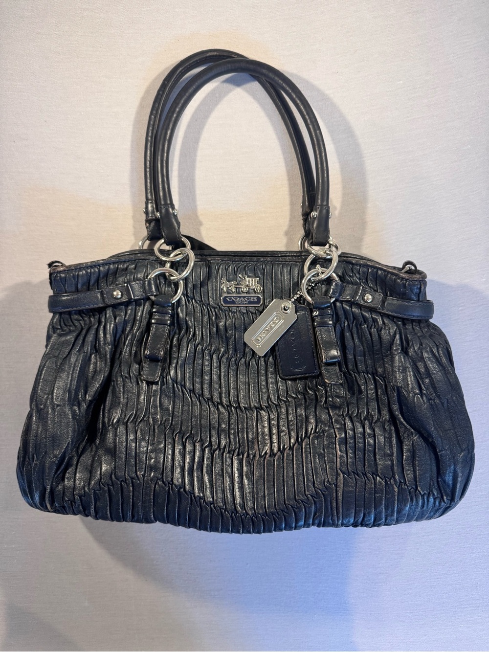 Vintage Y2K Coach Navy Blue Ruched Leather Satchel Bag 2000s